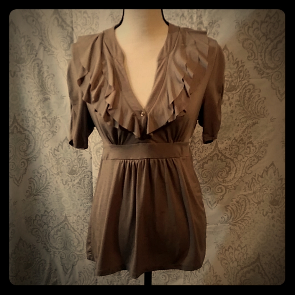 Gathered sleeve ruffle neckline blouse